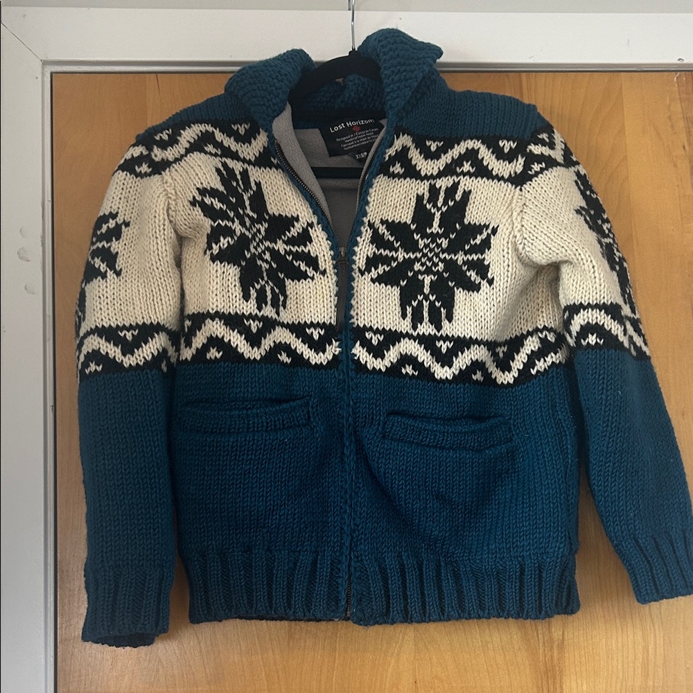 Womens Teal and Cream Sweater with Snowflake Design and pockets